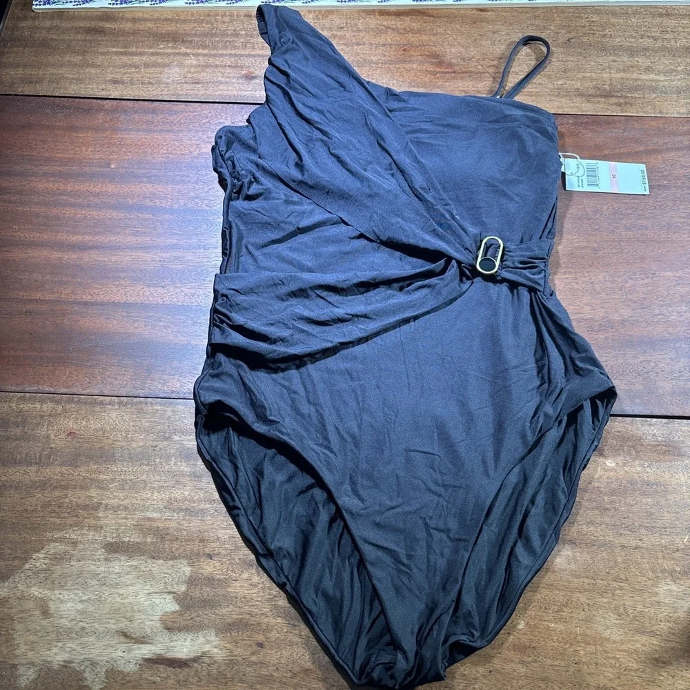 Trina Turk Black One Shoulder Swimsuit Women's Size 10 Asymmetrical Belted. - Picture 5 of 7